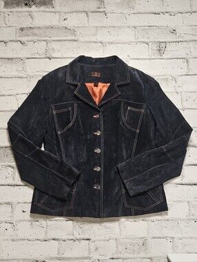 Danier Genuine Leather Suede Jacket Womens XL Blue Contrast Stitch Coat
